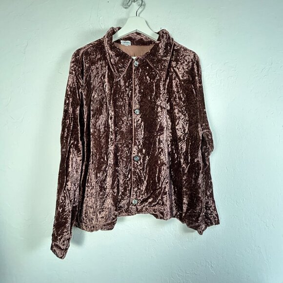 CP Shades Womens Crushed Velvet Button Up Top Blouse Lage Brown Long Sleeve - Picture 1 of 7